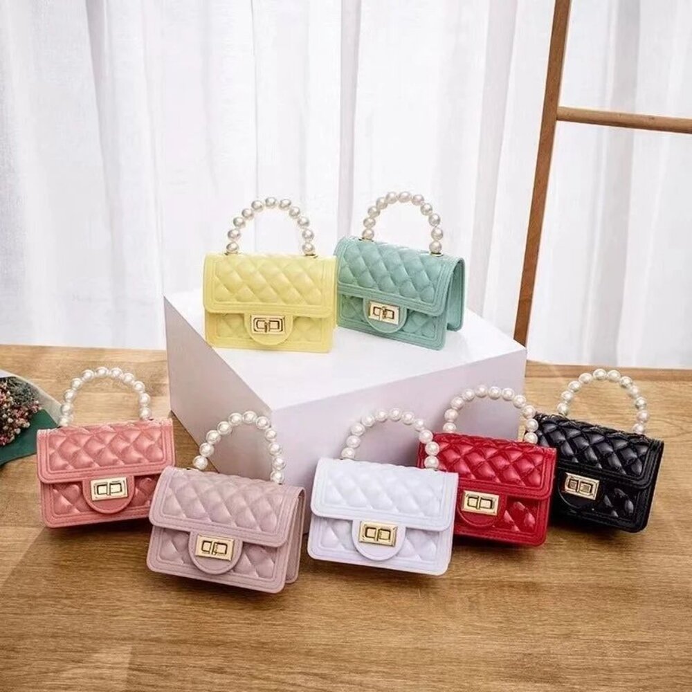 Chic Patent Quilted Handbag with Pearl Handle and Gold Accents